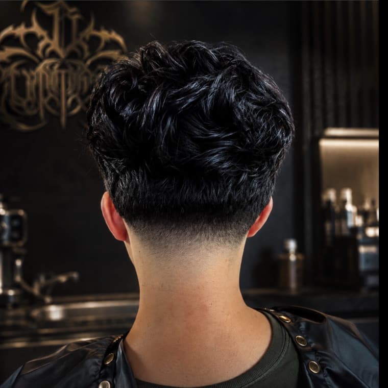 Back of a curly textured crop over a clean low taper.